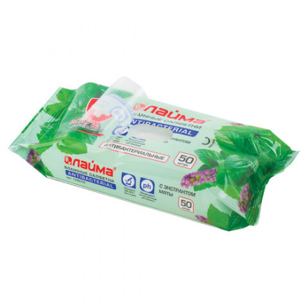 Салфетки влажные 50 шт., АНТИБАКТЕРИАЛЬНЫЕ, с экстрактом мяты, LAIMA &quot;Antibacterial&quot;, 128078