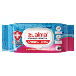 Салфетки влажные 120 шт., АНТИБАКТЕРИАЛЬНЫЕ, с пластиковым клапаном, LAIMA &quot;Antibacterial&quot;, 112497
