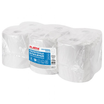 Полотенца бумажные с центральной вытяжкой 300 м, LAIMA (Система M2) UNIVERSAL WHITE, 1-слойные, белые, КОМПЛЕКТ 6 рулонов, 112506
