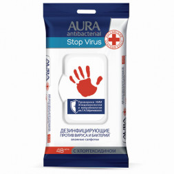 Дезинфицирующие салфетки влажные 48 шт., AURA &quot;Stop Virus&quot;, для рук и поверхностей, 10535