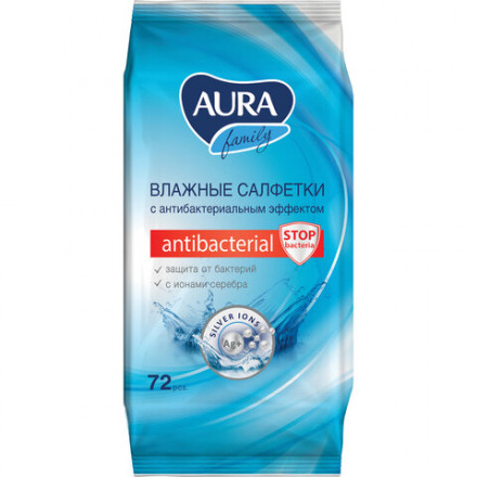 Салфетки влажные, 72 шт., AURA &quot;Family&quot;, антибактериальные, для всей семьи, 26065, 7044