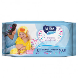 Салфетки влажные КОМПЛЕКТ 100 шт., для детей AURA &quot;Ultra comfort&quot;, универсальные, очищающие, гипоаллергенные, без спирта, 5637