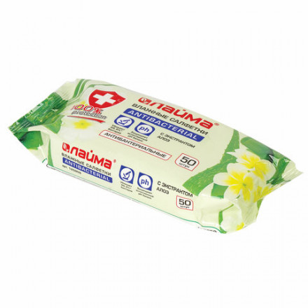 Салфетки влажные 50 шт., АНТИБАКТЕРИАЛЬНЫЕ, с экстрактом алоэ, LAIMA &quot;Antibacterial&quot;, 125959
