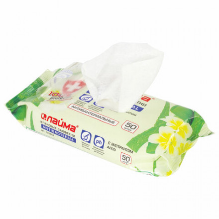 Салфетки влажные 50 шт., АНТИБАКТЕРИАЛЬНЫЕ, с экстрактом алоэ, LAIMA &quot;Antibacterial&quot;, 125959